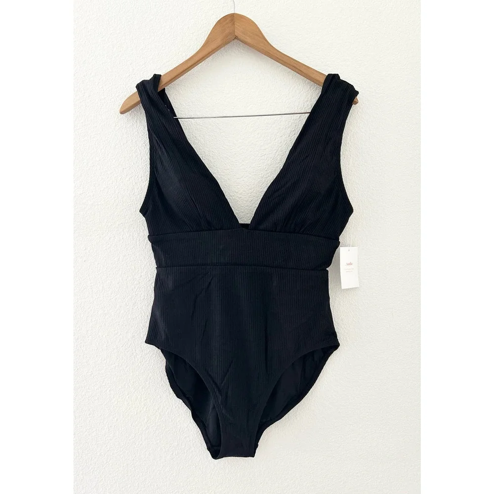 Andie Swim The Mykonos Ribbed One Piece in Black Small Tall NWT